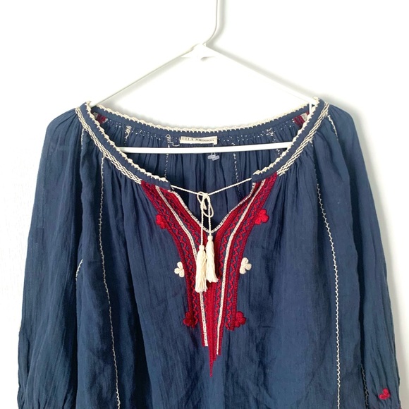 ULLA JOHNSON Boho Acacia Navy Peasant Embroidered Tapestry Blouse Sz 10 - Picture 3 of 7